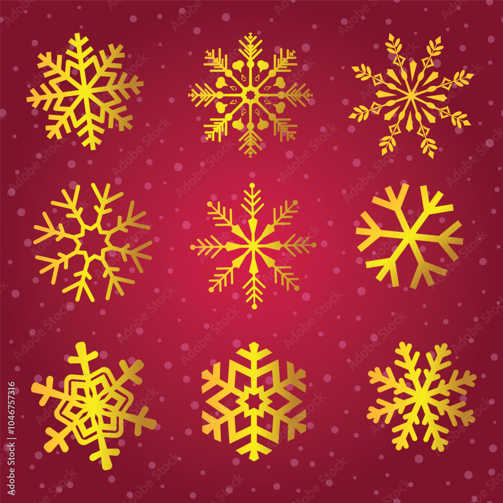 Nine intricate golden snowflakes in a red background Nine intricate golden snowflakes in a red background