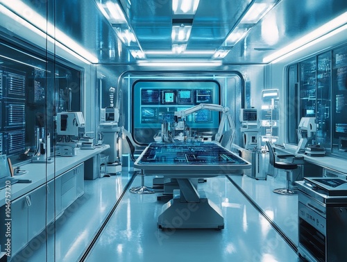 A futuristic lab where scientists are designing biochips for faster, more accurate medical diagnostics. photo