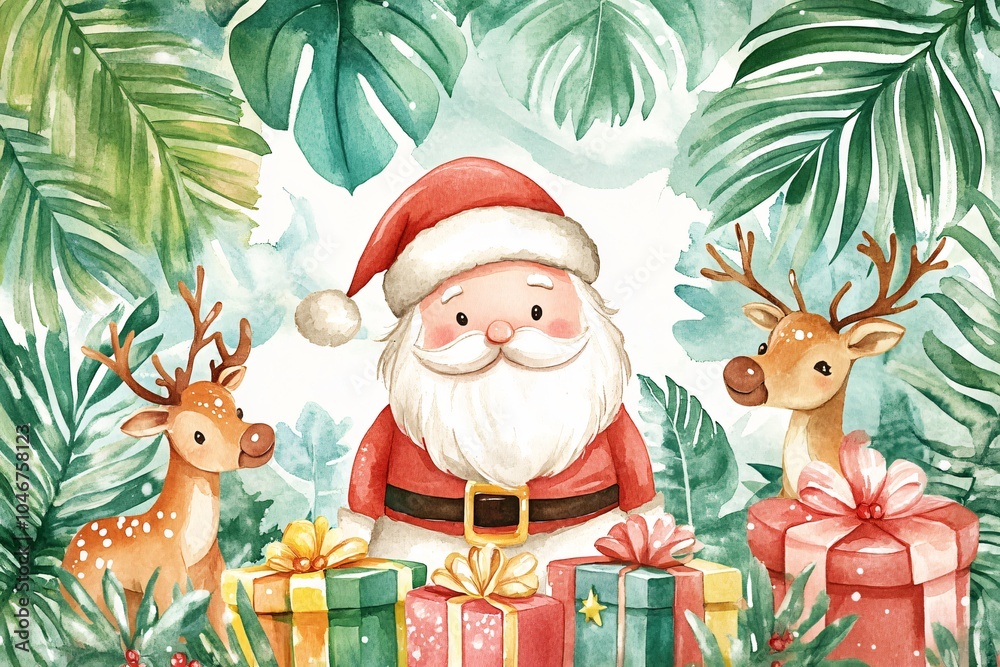 Fototapeta premium Charming Watercolor Santa with Reindeer and Gifts