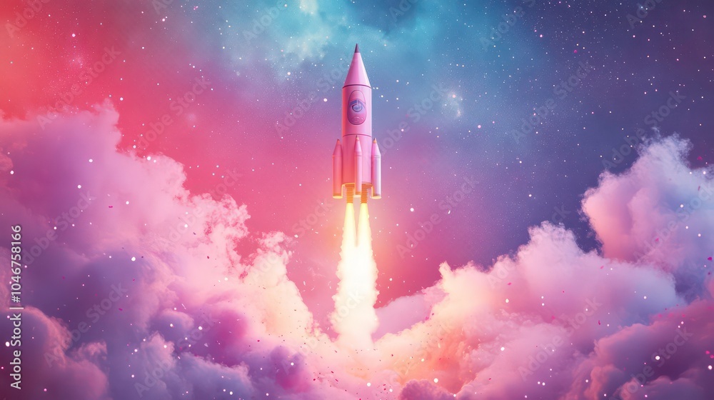Fototapeta premium A rocket ship blasts off through the clouds leaving a trail of fire as it ascends into space.