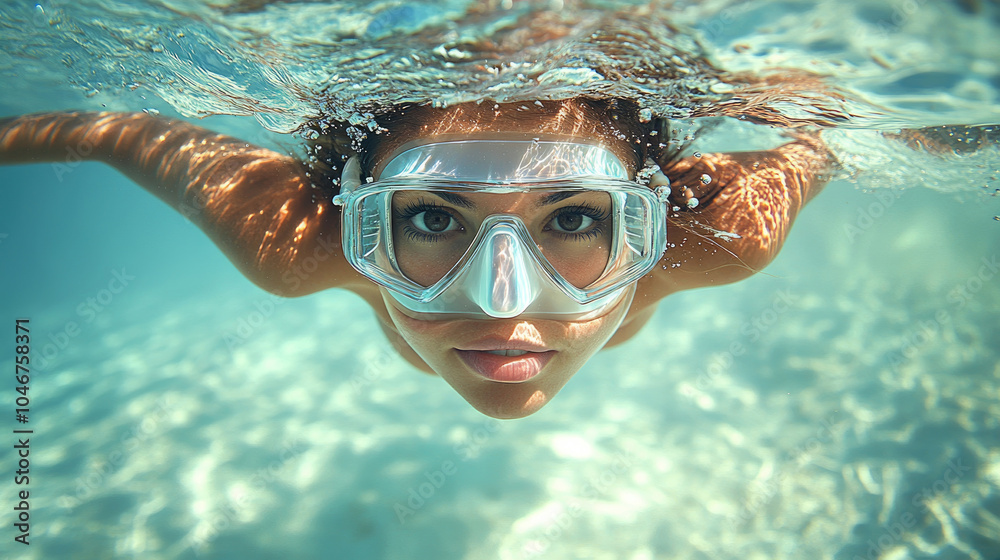 Fototapeta premium A snorkeler gracefully glides through bright blue water, observing marine life while wearing a mask and fins, fully immersed in the experience