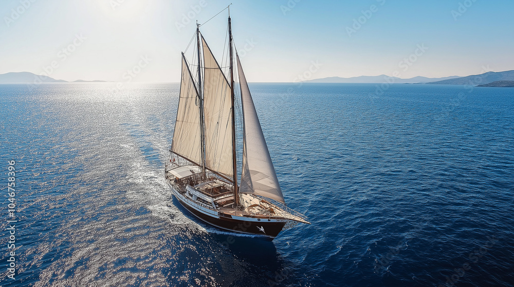 Fototapeta premium Sailboat with large white sails cruising over a calm blue sea, set against a clear horizon.