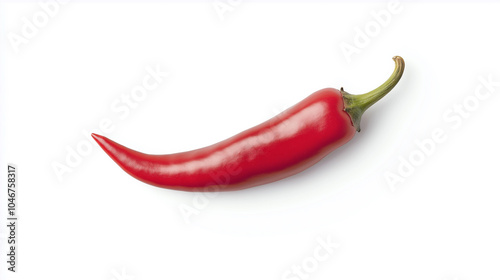 Single bright red chili pepper isolated on a white background, emphasizing its vibrant color.