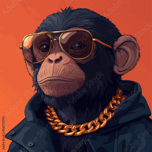 A stylish cartoon illustration of a chimpanzee wearing aviator sunglasses, a thick gold chain, and a dark jacket, set against a bold orange background, showcasing a trendy and urban look
