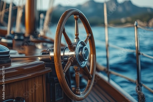 Wooden boat steering wheel close-up. Perfect for concepts related to navigation, luxury, and adventure. photo