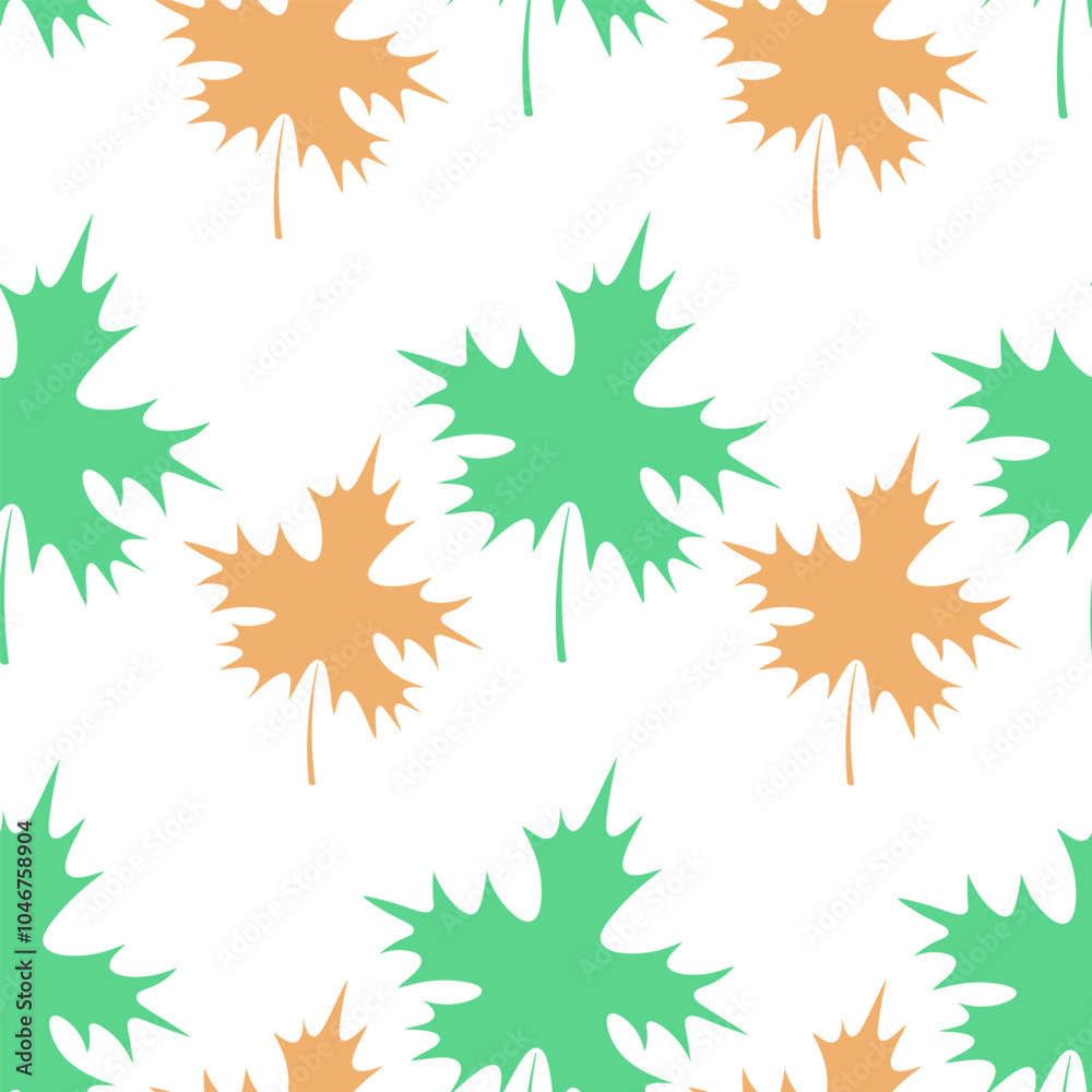 Maple leaf. Repeating vector pattern. Flat style. Isolated colorless background. Continuous ornament of orange and green leaves. The leaf shape is crown-shaped. Idea for web design. Maple leaf. Repeating vector pattern. Flat style. Isolated colorless background. Continuous ornament of orange and green leaves. The leaf shape is crown-shaped. Idea for web design.