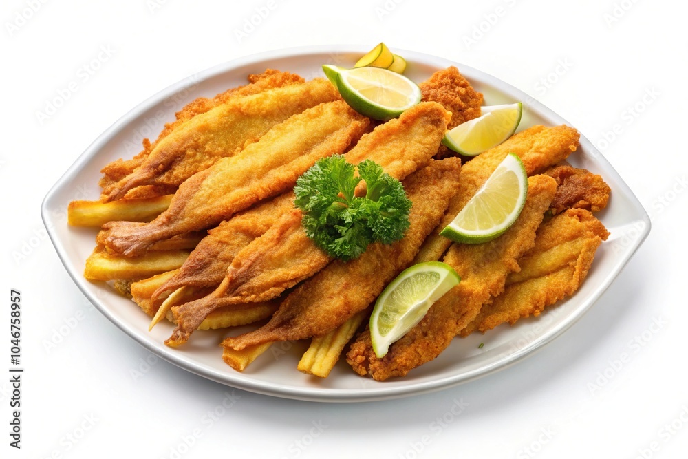 Fried tilapia strips in platter isolated on white background Fried tilapia strips in platter isolated on white background