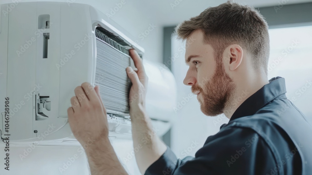 Fototapeta premium A technician servicing an air conditioning unit indoors.