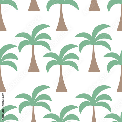 Delicate tropical pattern. Seamless vector ornament of green palm trees. Isolated colorless background. Flat style. Endless print of exotic plants. Idea for web design.