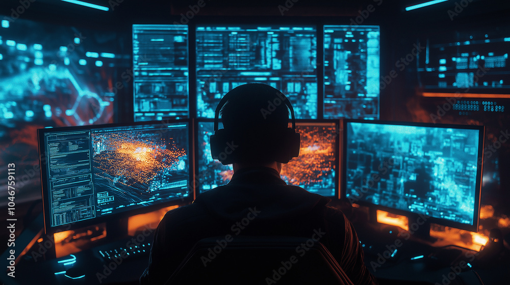 Person with headphones monitoring multiple digital screens, representing surveillance, data analysis, or cybersecurity. Person with headphones monitoring multiple digital screens, representing surveillance, data analysis, or cybersecurity.