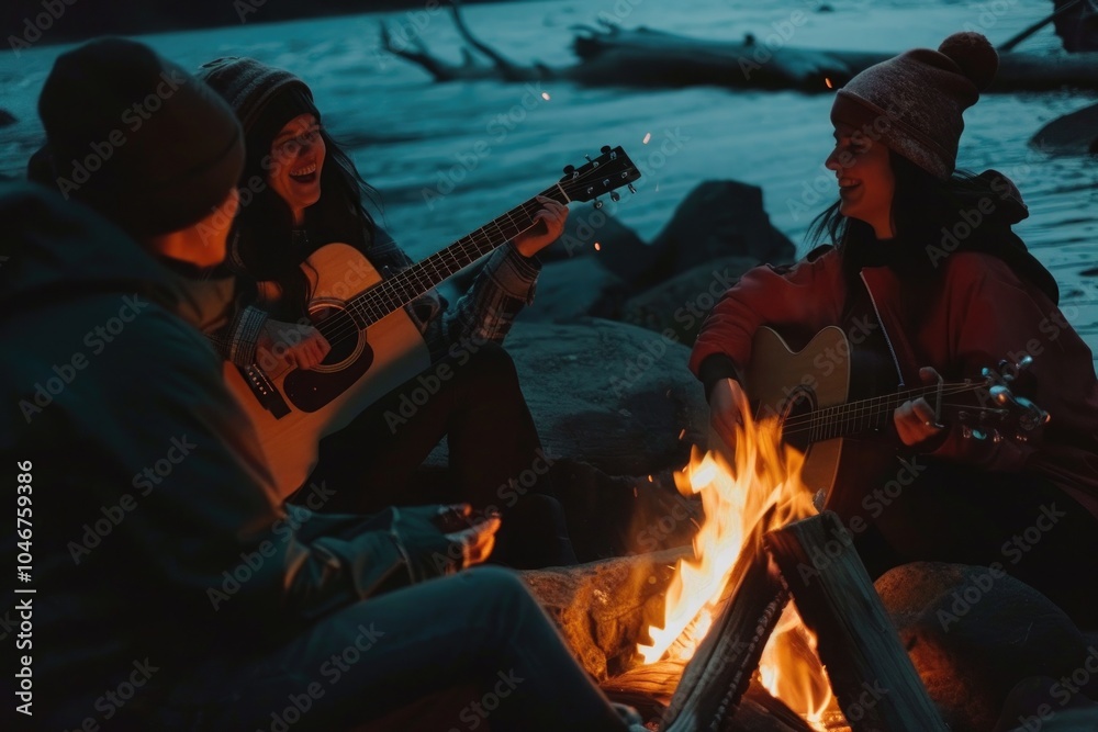 A group of friends gathered around a campfire playing acoustic guitars during an evening outdoor gathering A group of friends gathered around a campfire playing acoustic guitars during an evening outdoor gathering