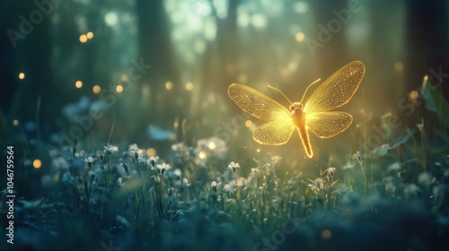 Glowing Golden Butterfly in Forest with Fireflies photo