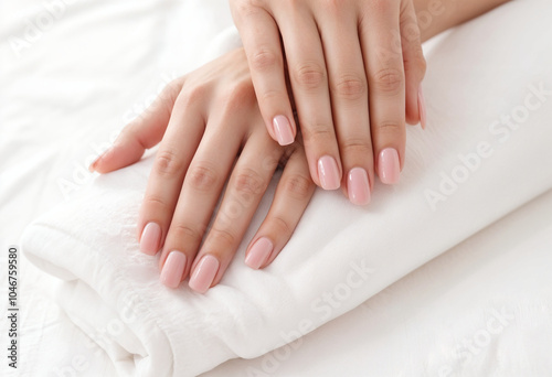 A closeup shot of a womans hand with soft pink nail polish resting on a white fabric background. The nails are manicured and shiny, with a smooth finish.