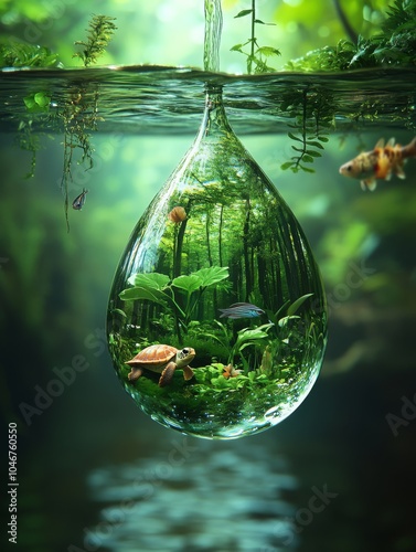A lively underwater ecosystem in miniature, featuring fish, plants, and a turtle within a floating droplet, surrounded by a lush green background.