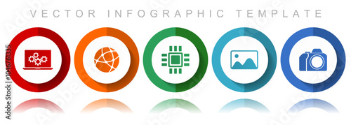 Computer and technology vector icon collection, miscellaneous icons such as laptop, network, chip, image and photo camera, flat design infographic template in eps 10