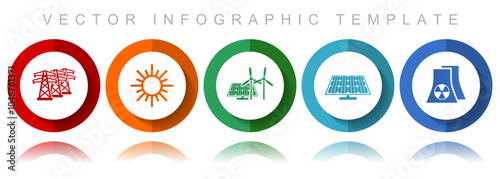 Renewable energy vector icon collection, miscellaneous icons such as power line, sun, solar panel and nuclear power plant, flat design infographic template in eps 10