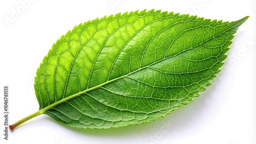 Green single leaf isolated on white background with shallow depth of field