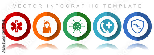 Health and medicine vector icon collection, miscellaneous icons such as emergency, nurse, virus amd vaccine, flat design infographic template in eps 10