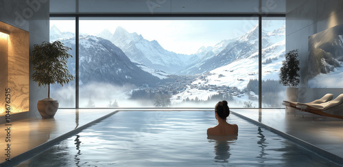 A woman is relaxing in a hot pool with mountains in the background