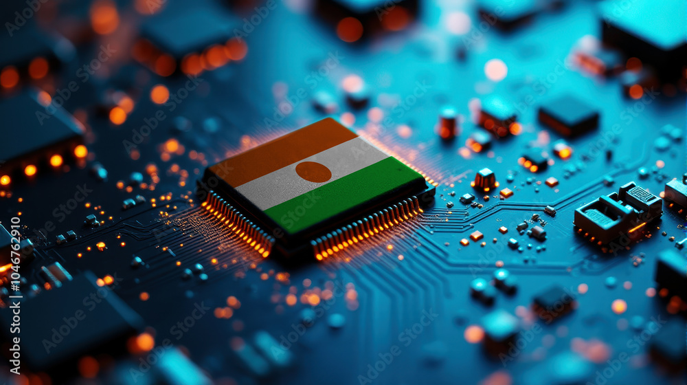 A Niger themed chip is placed on a detailed circuit board, with glowing connections that emphasize influence in electronics, computing, and tech innovation. A Niger themed chip is placed on a detailed circuit board, with glowing connections that emphasize influence in electronics, computing, and tech innovation.