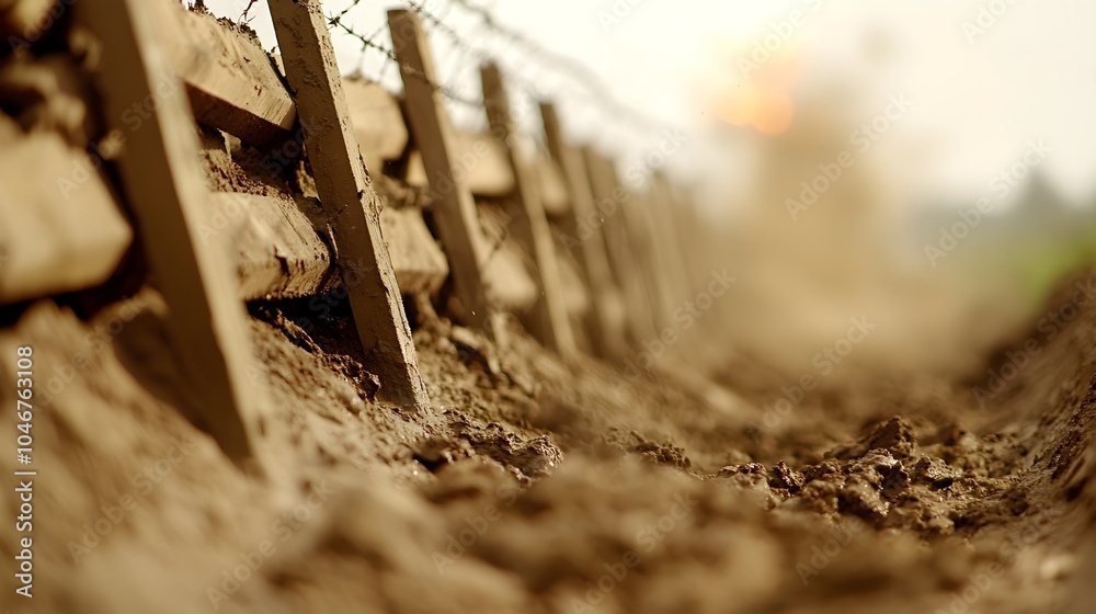 Survival in the Trenches - Mud-streaked Fortification Under Gunfire with Smoke and Fatigue Capturing the Essence of War