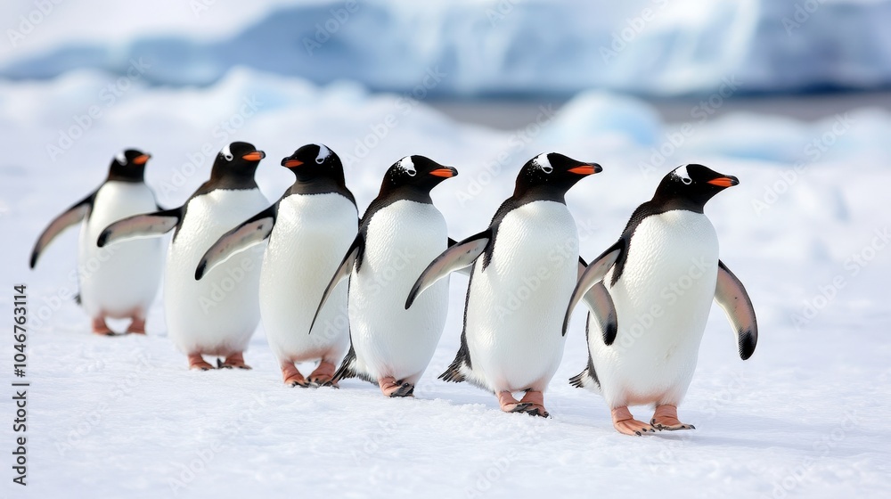 Fototapeta premium A group of penguins waddling across the ice, with the vast Antarctic landscape stretching endlessly behind them.