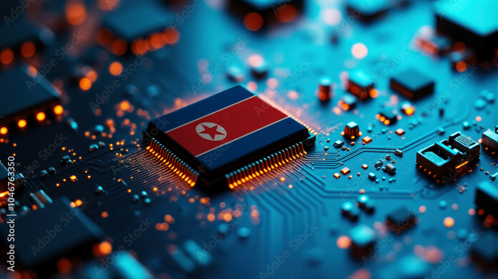 A North Korea themed chip is placed on a detailed circuit board, with glowing connections that emphasize influence in electronics, computing, and tech innovation. A North Korea themed chip is placed on a detailed circuit board, with glowing connections that emphasize influence in electronics, computing, and tech innovation.