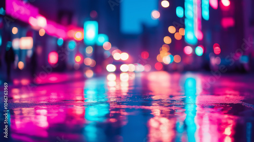 Wallpaper Mural Empty city street at night illuminated by vibrant pink and blue neon lights reflecting off the wet pavement.
 Torontodigital.ca