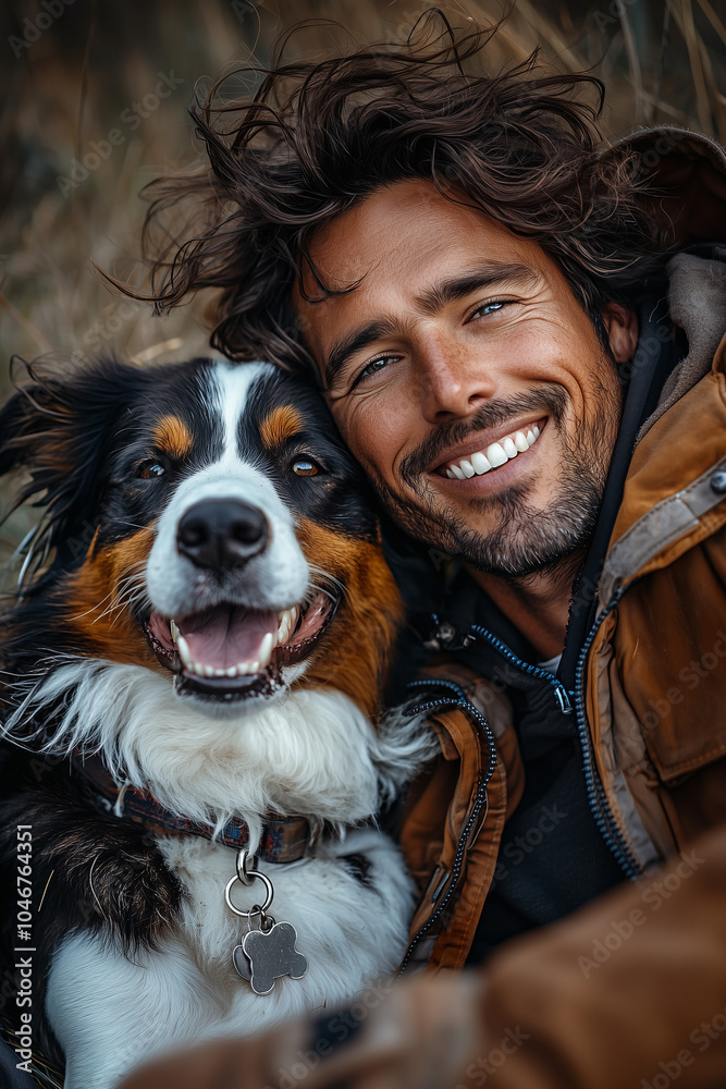 A man taking a selfie with his dog, a tender moment between a man and his puppy, man rewarding his dog A man taking a selfie with his dog, a tender moment between a man and his puppy, man rewarding his dog