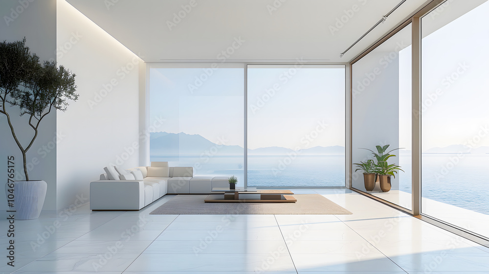 Fototapeta premium A large, open living room with white furniture and a potted plant