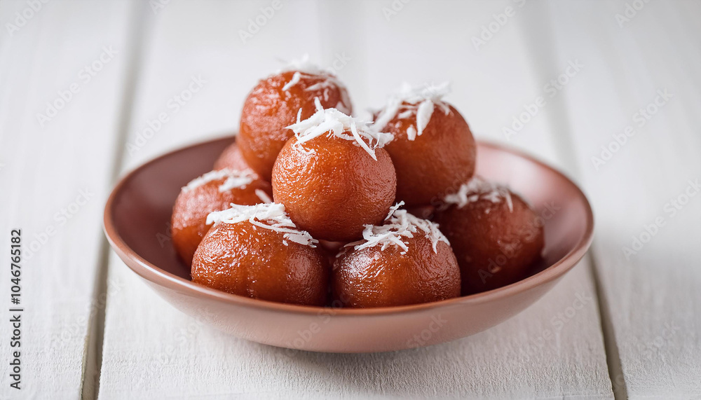 Gulab jamun with coconut in ceramic plate. Sweet confectionary. Delicious Indian dessert. Gulab jamun with coconut in ceramic plate. Sweet confectionary. Delicious Indian dessert.