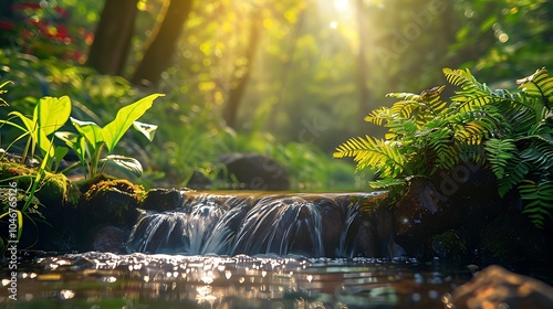 Small waterfall in the middle of a green forest with bright sun rays shining through the trees.