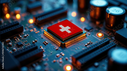A microprocessor featuring Switzerland flag is installed on a circuit board, illuminated by glowing lights, representing role in global tech and semiconductor industries