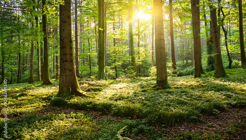 Obraz premium Sunlit Forest with Lush Green Undergrowth