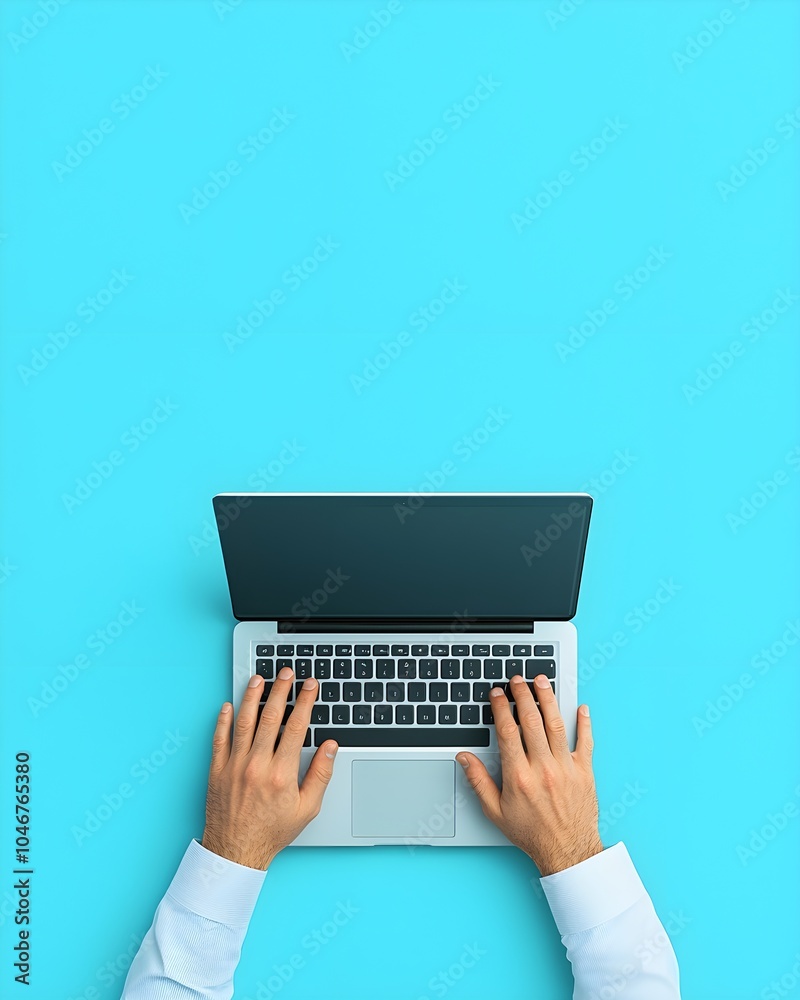Professional hands typing on a laptop against a blue background