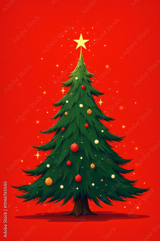 Fototapeta premium created illustration christmas tree bright red background