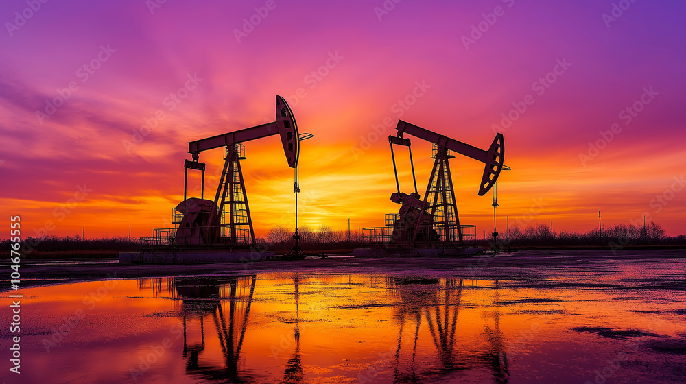 Oil pump jacks silhouetted against a vibrant sunset, reflecting in a water puddle on the ground. Oil pump jacks silhouetted against a vibrant sunset, reflecting in a water puddle on the ground.