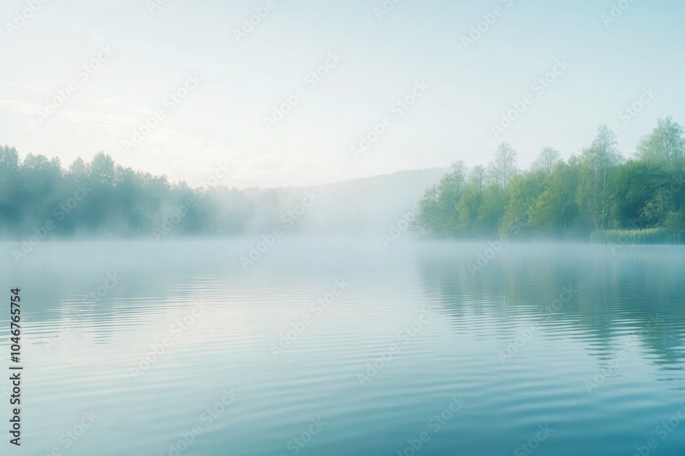 Morning mist blankets the serene lake, creating a peaceful atmosphere with soft reflections and lush trees in the background. Generative AI