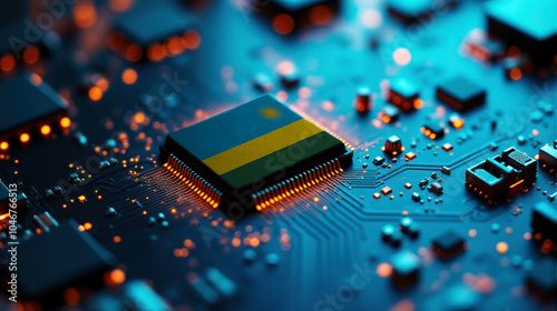 A Rwanda themed chip is placed on a detailed circuit board, with glowing connections that emphasize influence in electronics, computing, and tech innovation.