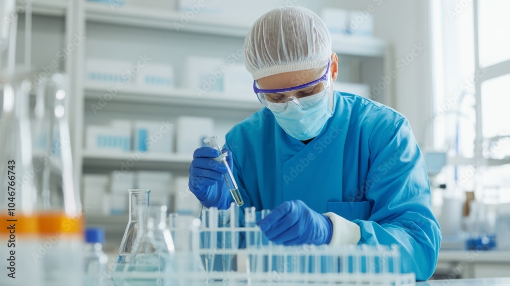 Scientist in laboratory conducting research with test tubes and beakers in a professional science environment Scientist in laboratory conducting research with test tubes and beakers in a professional science environment