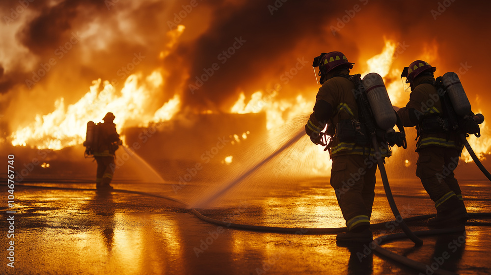 Fototapeta premium Firefighters battling a massive blaze, spraying water on a burning wooden structure engulfed in flames.
