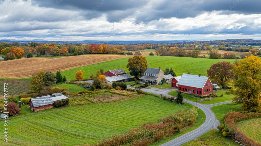Obraz premium An artistic drone shot of a picturesque countryside landscape with farms and winding roads.