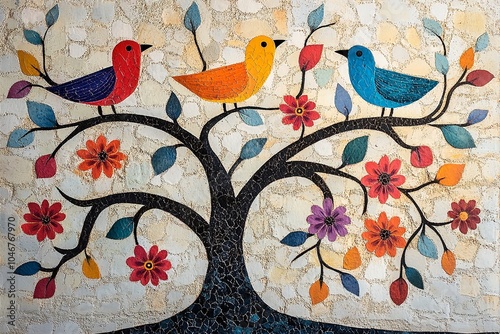 Vibrantly colored traditional Gond folk art from India depicting birds in a tree, set against a textured background.