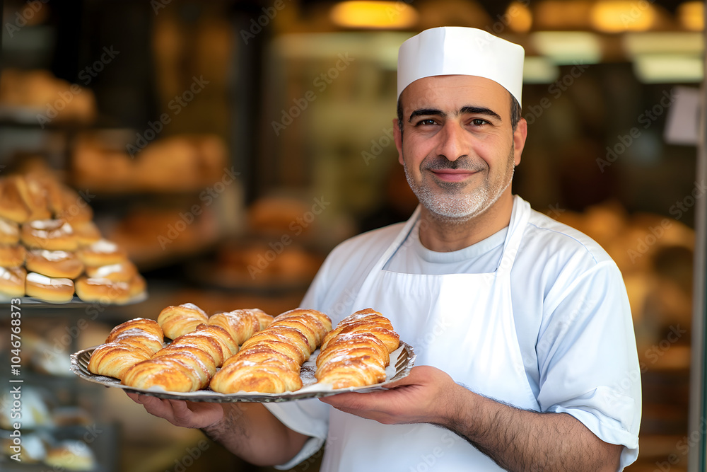 A bakery assistant proudly holds a tray of freshly baked pastries in a warm and inviting bakery atmosphere A bakery assistant proudly holds a tray of freshly baked pastries in a warm and inviting bakery atmosphere