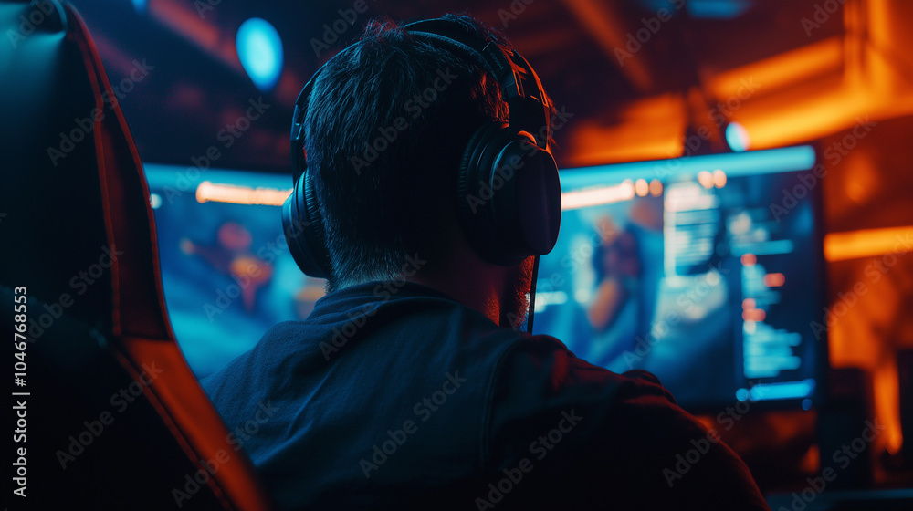Gamer wearing headphones playing on dual monitors in a dark, immersive setup.