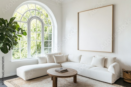 A vintage grunge accent coffee table beside a white sofa, positioned near an arched window and a white wall featuring a large art poster frame. This showcases a minimalist,