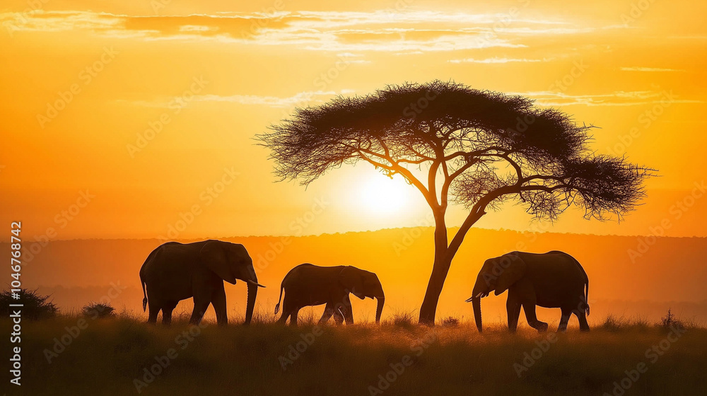 Fototapeta premium Family of elephants walking by an acacia tree during a vibrant sunset in the African savanna.