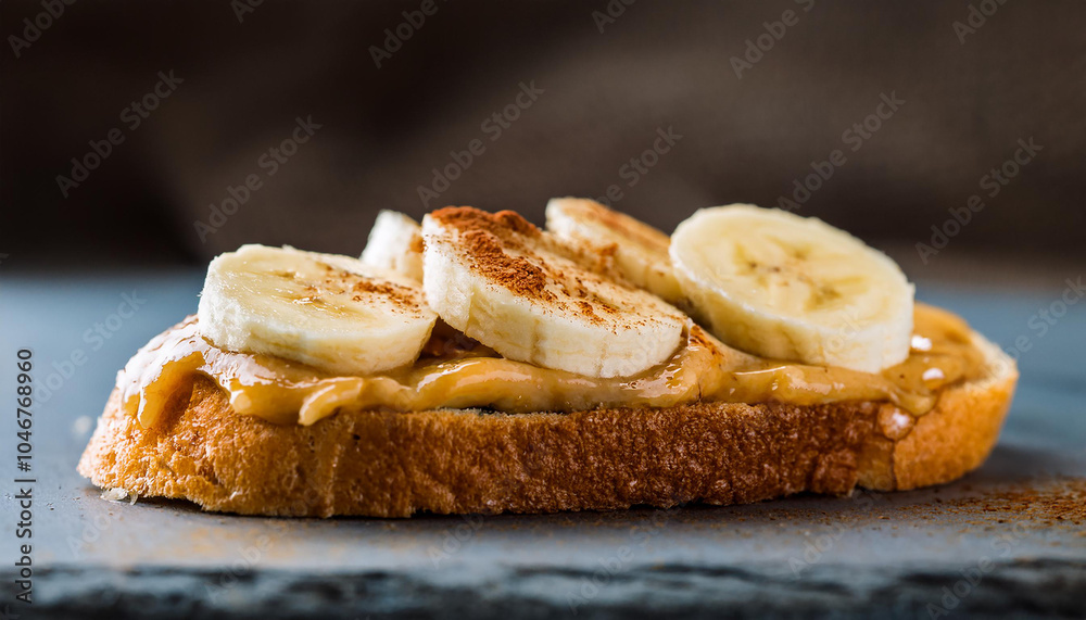 Toasted bread with almond butter spread, banana slices, sprinkle of cinnamon. Tasty breakfast. Toasted bread with almond butter spread, banana slices, sprinkle of cinnamon. Tasty breakfast.