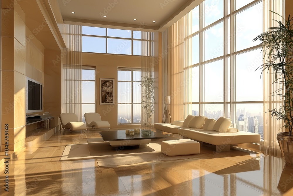 Fototapeta premium Modern Luxurious Living Room with Panoramic Views