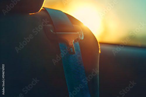 A minimalist shot of a single car seatbelt clicked in the evening light with a beautiful warm glow from the sunset photo